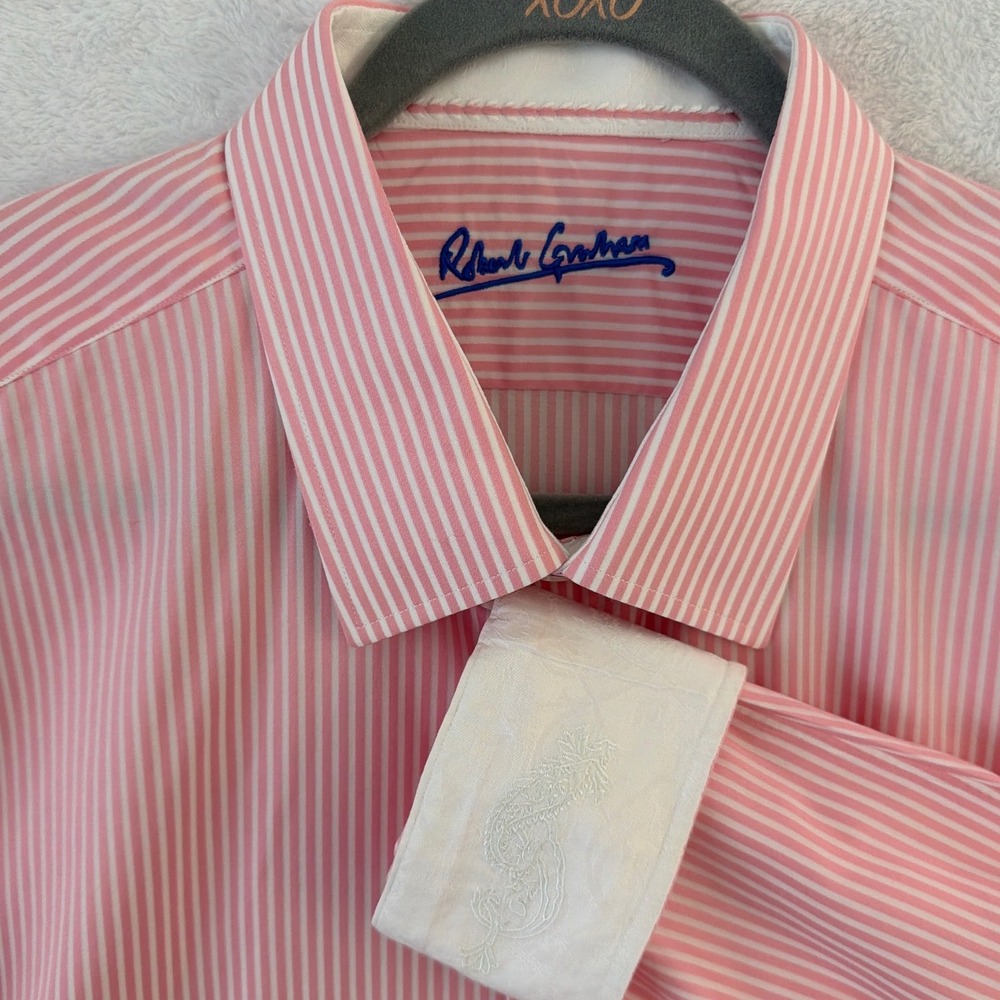 Robert Graham Mens Pink White Striped Button Down Shirt Paisley Flip Cuffs XL